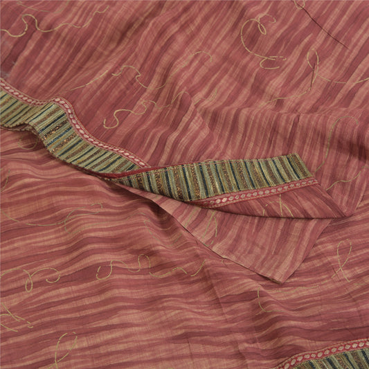 Sanskriti Vintage Sarees Dusty Red Pure Crepe Print Paint Sari 5yd Craft Sustainable Fabric
