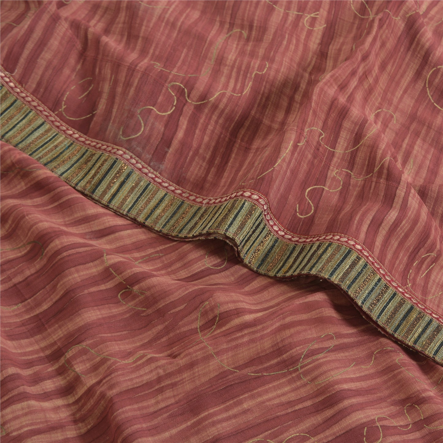 Sanskriti Vintage Sarees Dusty Red Pure Crepe Print Paint Sari 5yd Craft Sustainable Fabric