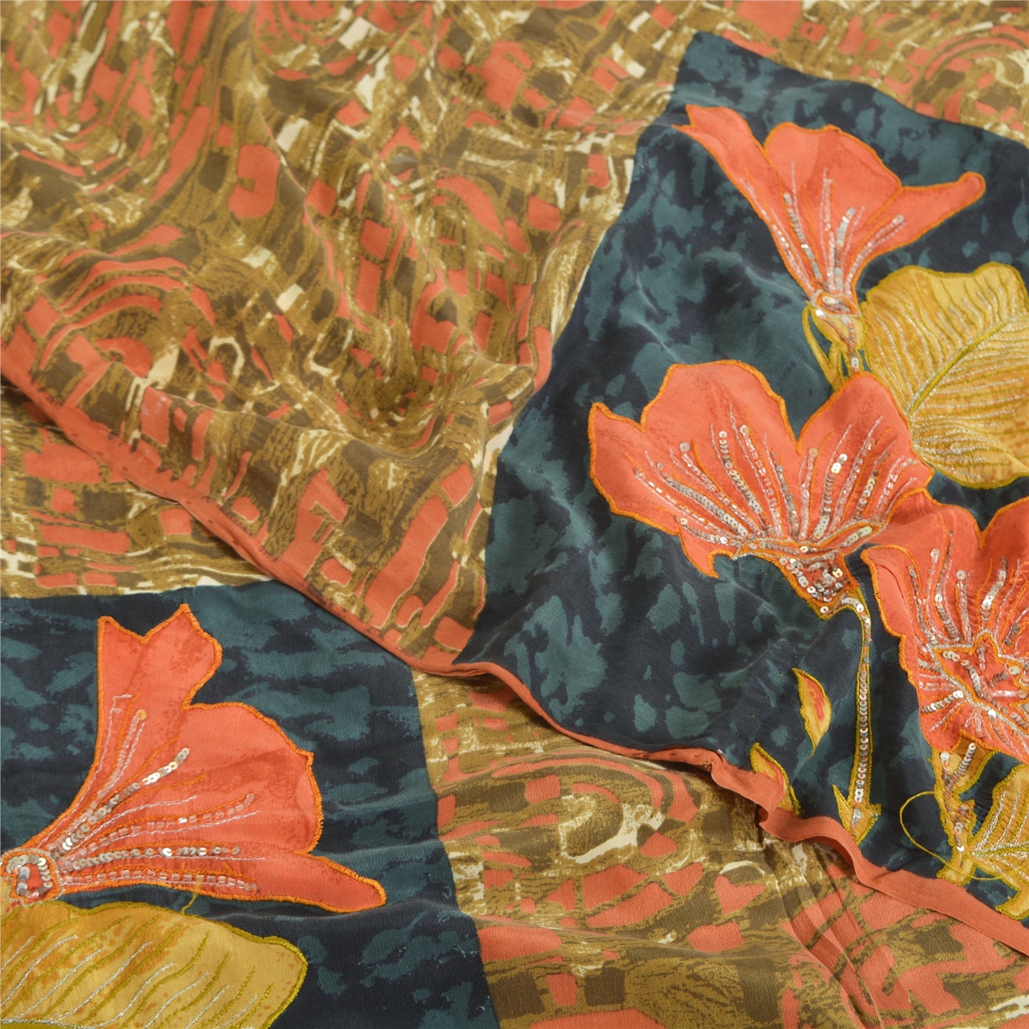 Sanskriti Vintage Sarees Green Embroidered Pure Crepe Printed Sari Craft Sustainable Fabric