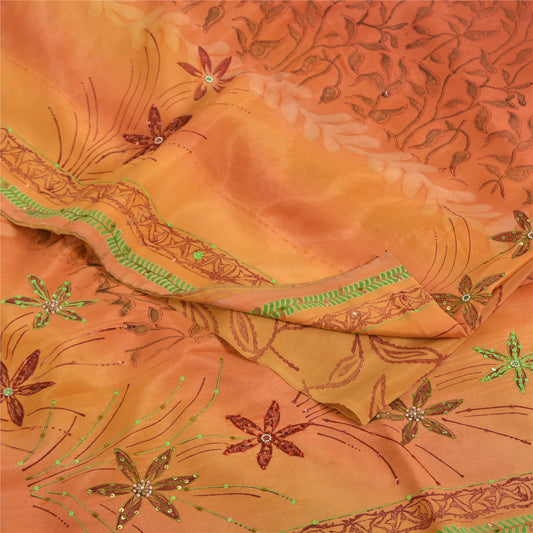 Sanskriti Vintage Sarees Orange Hand Beaded Pure Crepe Sari 5yd Craft Sustainable Fabric