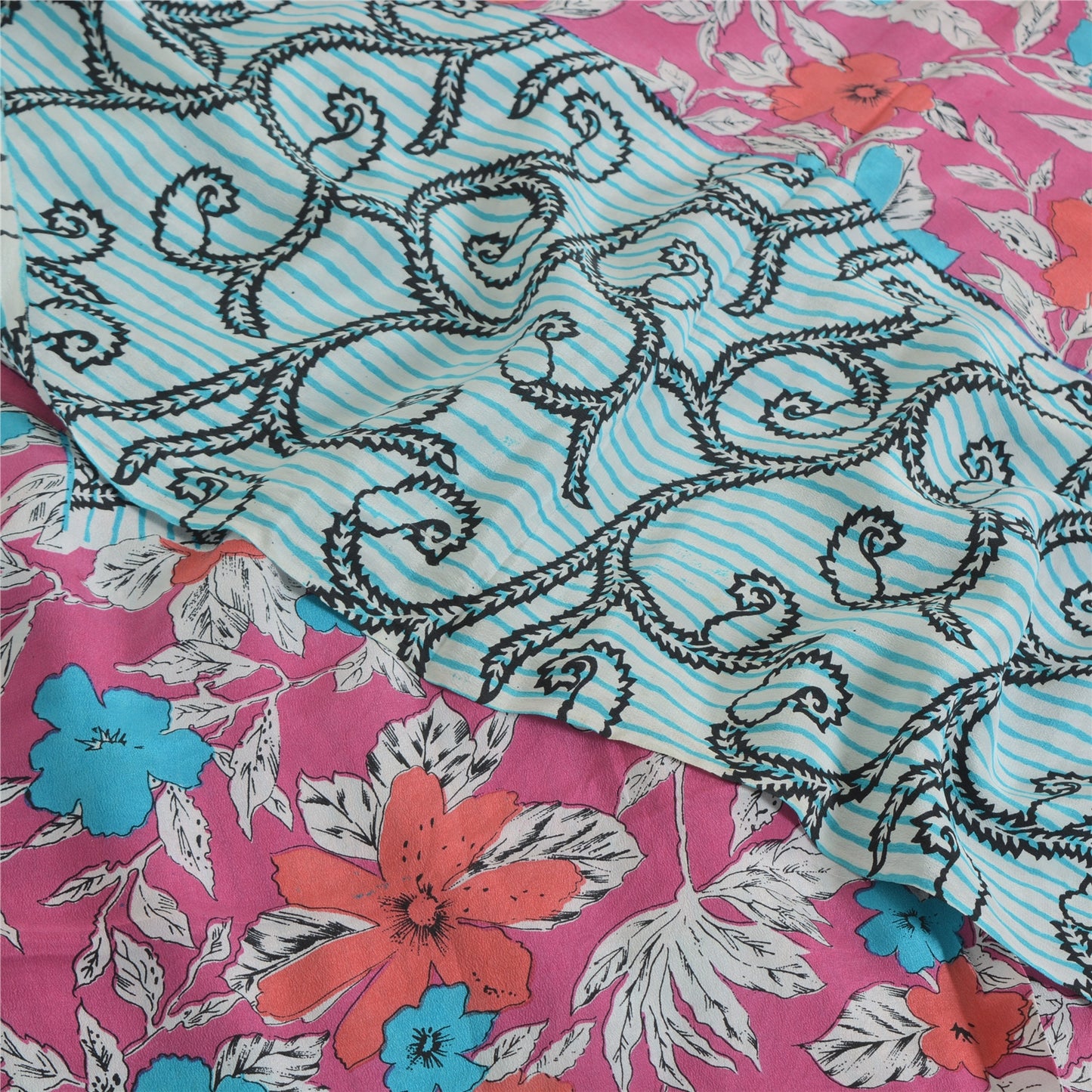 Sanskriti Vintage Sarees Blue/Pink Pure Crepe Silk Printed Sari 5yd Craft Sustainable Fabric