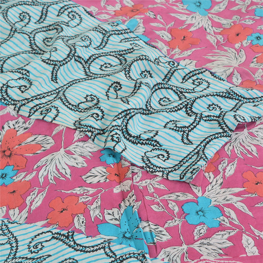 Sanskriti Vintage Sarees Blue/Pink Pure Crepe Silk Printed Sari 5yd Craft Sustainable Fabric