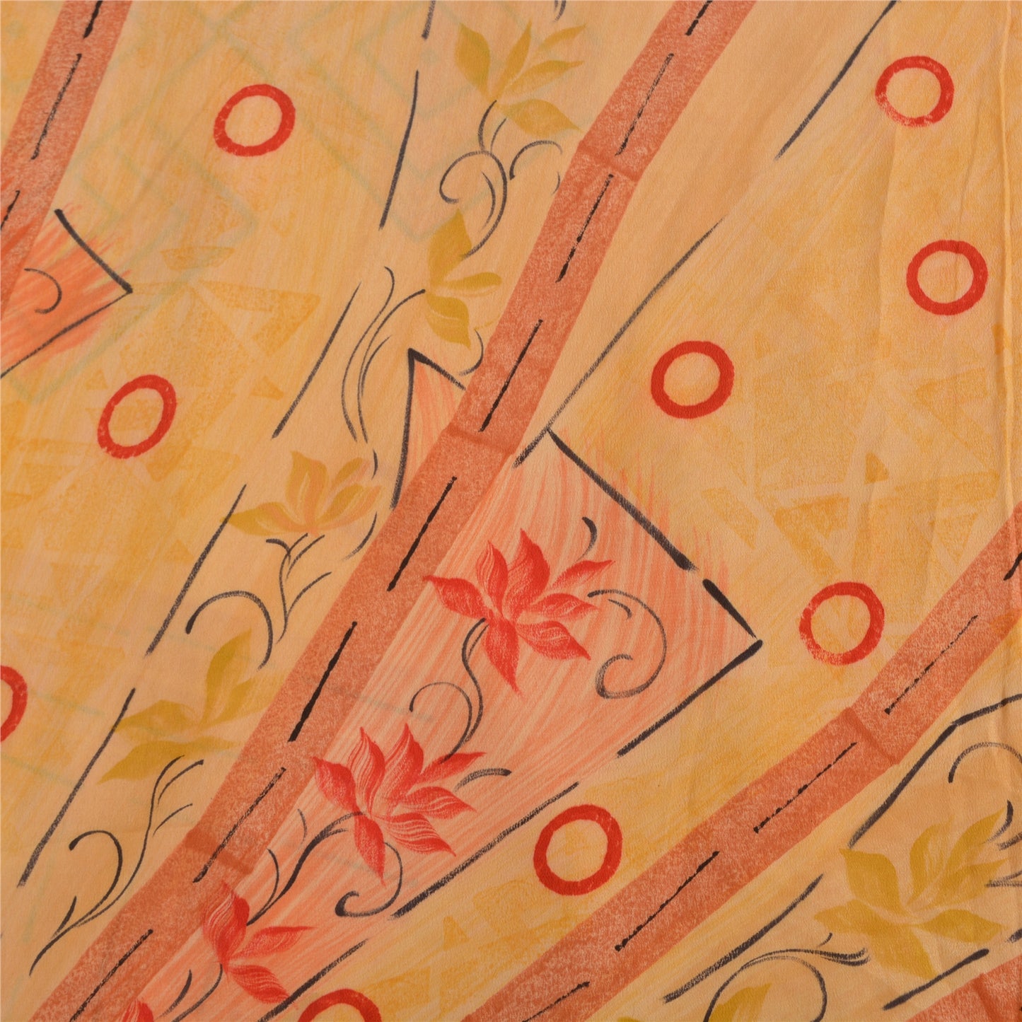 Sanskriti Vintage Sarees Yellow Pure Crepe Silk Printed Sari 5yd Craft Sustainable Fabric