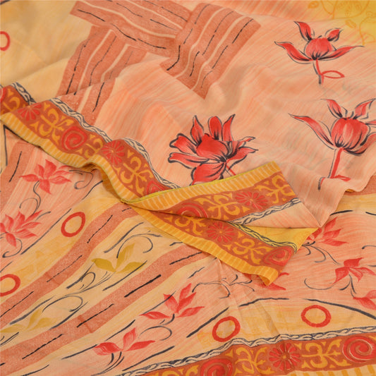 Sanskriti Vintage Sarees Yellow Pure Crepe Silk Printed Sari 5yd Craft Sustainable Fabric