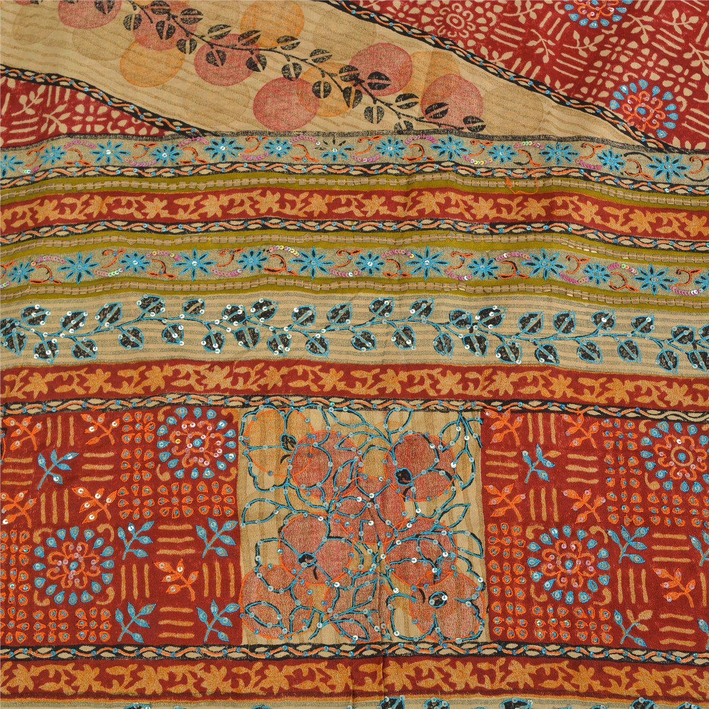 Sanskriti Vintage Sarees Red Hand Beaded Pure Crepe Print Sari 5yd Craft Sustainable Fabric