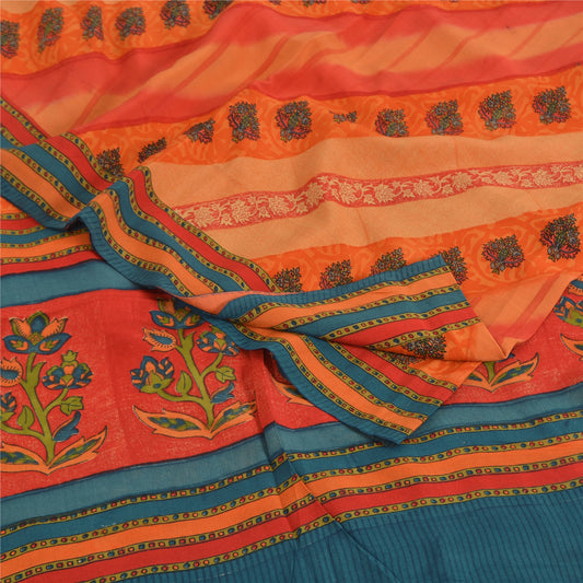 Sanskriti Vintage Sarees Multicolor Pure Crepe Silk Print Sari 5yd Craft Sustainable Fabric