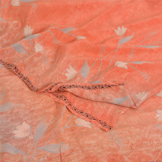 Sanskriti Vintage Sarees Peach Pure Crepe Silk Printed Sari 5yd SoftCraft Sustainable Fabric