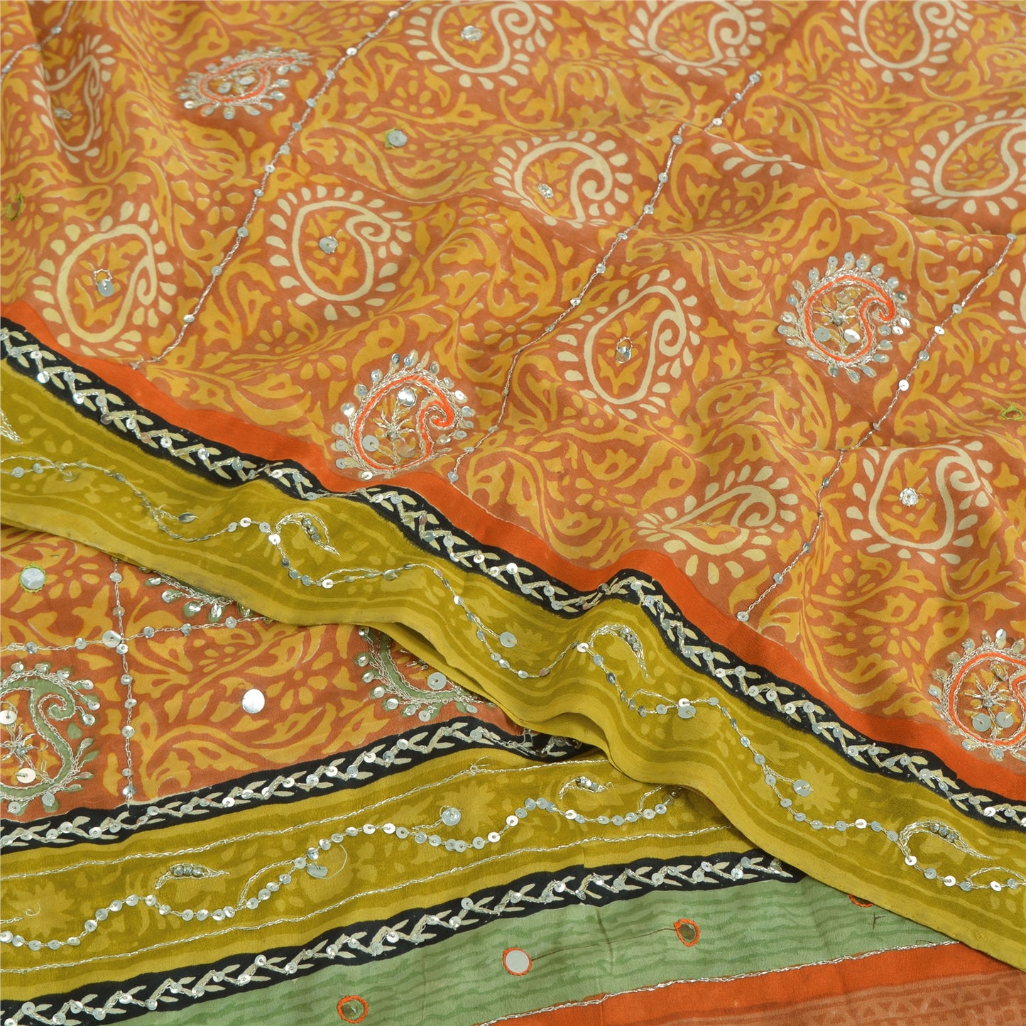 Sanskriti Vintage Sarees Orange Pure Crepe Hand Bead Sequins Printed Sari Sustainable Fabric
