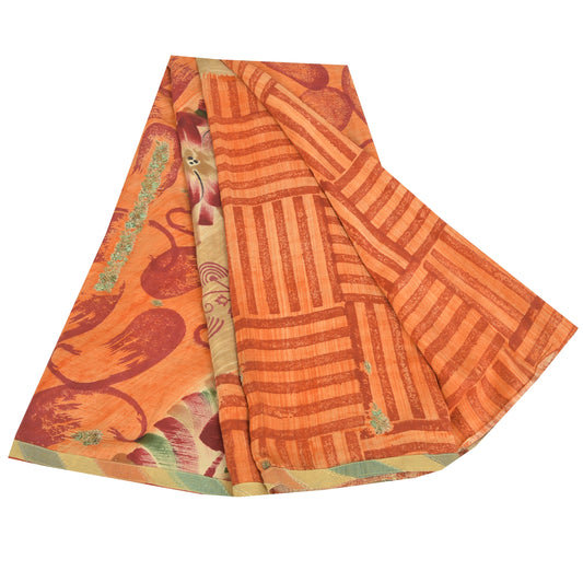 Sanskriti Vintage Sarees Orange Pure Crepe Silk Printed Sari 5yd Craft Sustainable Fabric