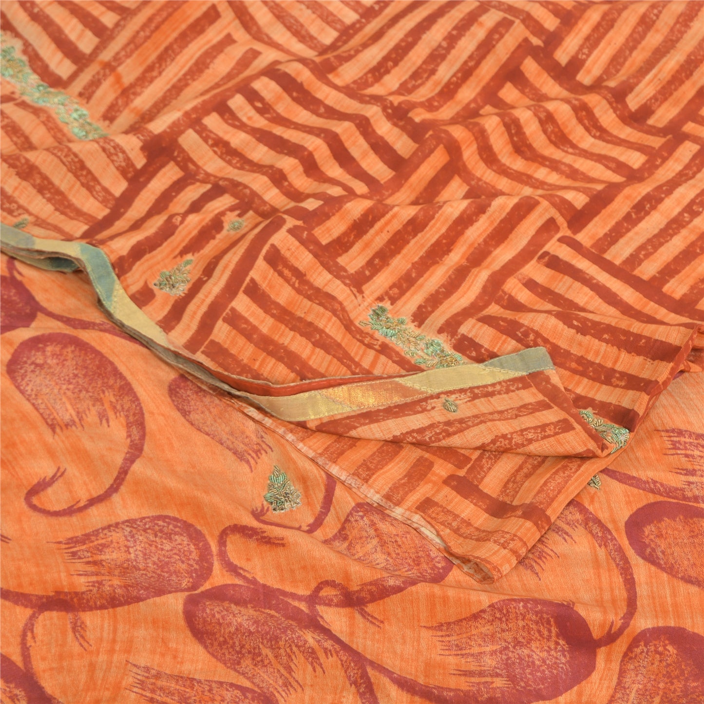Sanskriti Vintage Sarees Orange Pure Crepe Silk Printed Sari 5yd Craft Sustainable Fabric