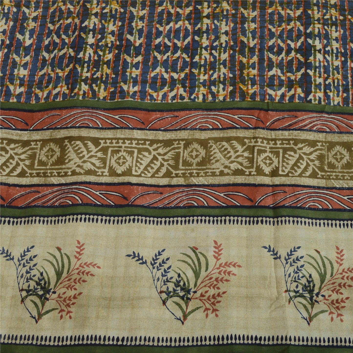 Sanskriti Vintage Sarees Blue 100% Pure Crepe Silk Printed Sari 5yd Craft Sustainable Fabric