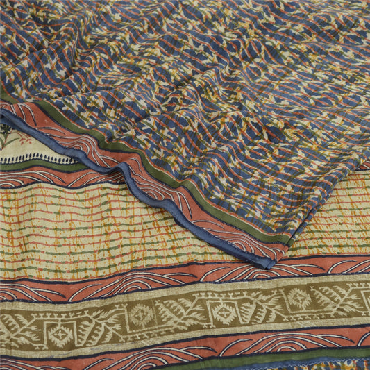 Sanskriti Vintage Sarees Blue 100% Pure Crepe Silk Printed Sari 5yd Craft Sustainable Fabric