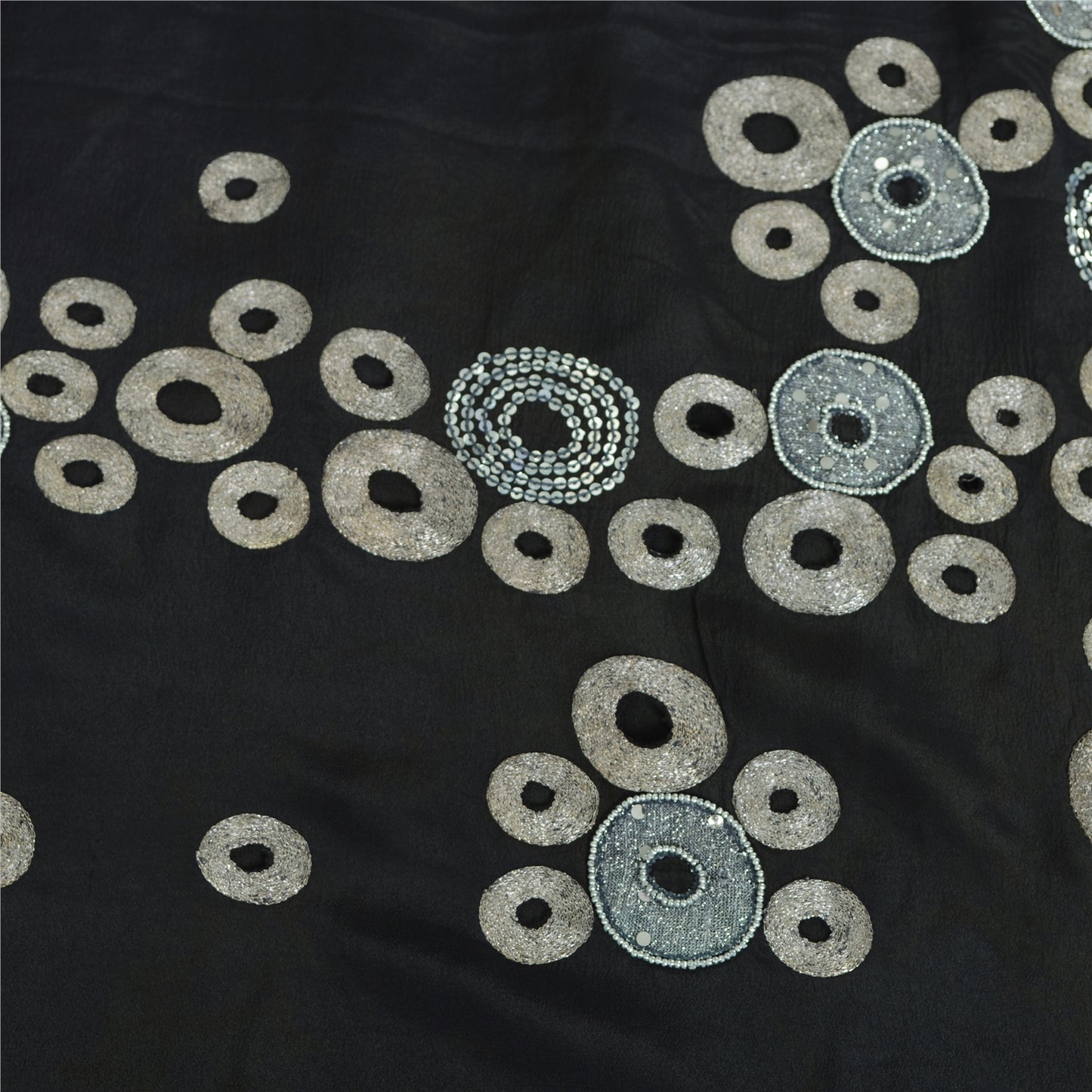 Sanskriti Vintage Sarees Black Hand Beaded Cut Work Pure Crepe Sari 6yd Sustainable Fabric