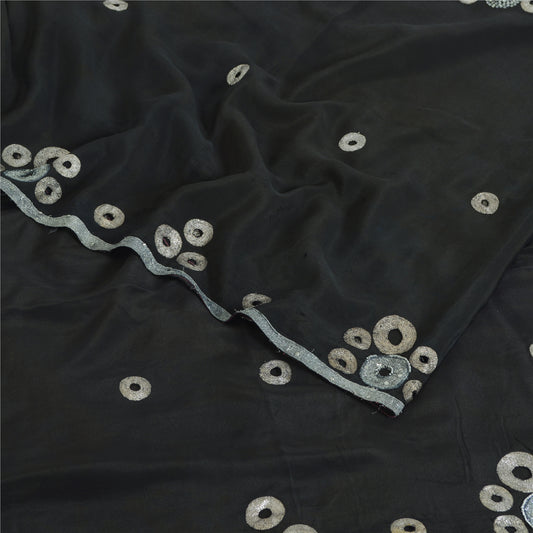 Sanskriti Vintage Sarees Black Hand Beaded Cut Work Pure Crepe Sari 6yd Sustainable Fabric