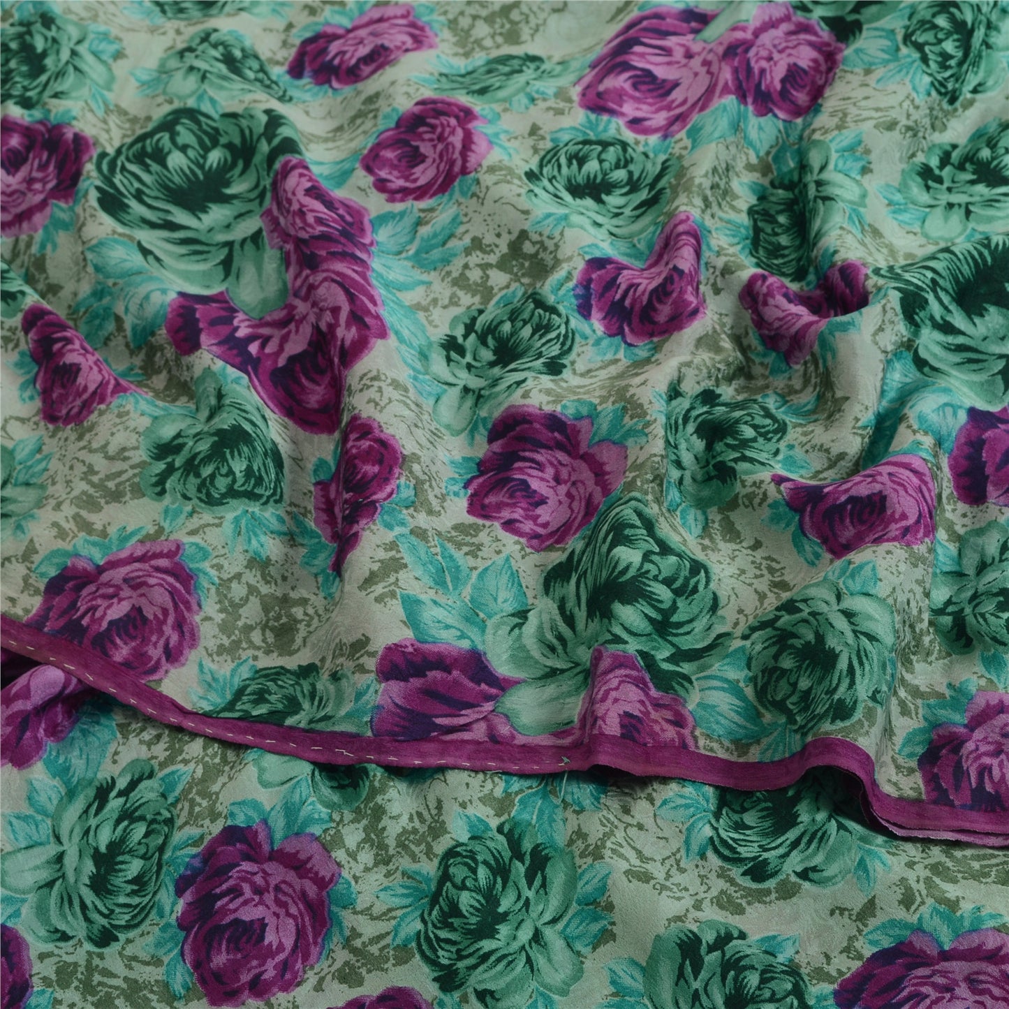 Sanskriti Vintage Sarees Green Blend Crepe Digital Printed Sari 6yd Craft Sustainable Fabric