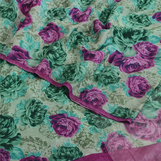 Sanskriti Vintage Sarier i grøn crepeblanding, digitaltrykt sari, 6 m, bæredygtigt håndværksstof