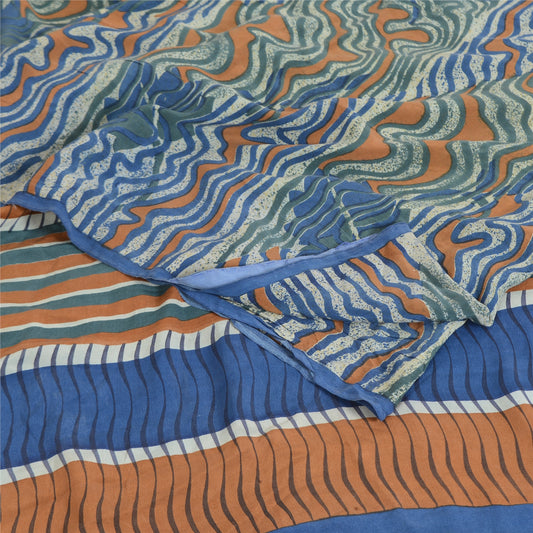 Sanskriti Vintage Sarees Blue 100% Pure Crepe Silk Printed Sari 5yd Craft Sustainable Fabric