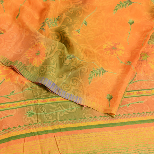 Sanskriti Vintage Sarees Orange/Green Pure Crepe Silk Printed Sari Craft Sustainable Fabric