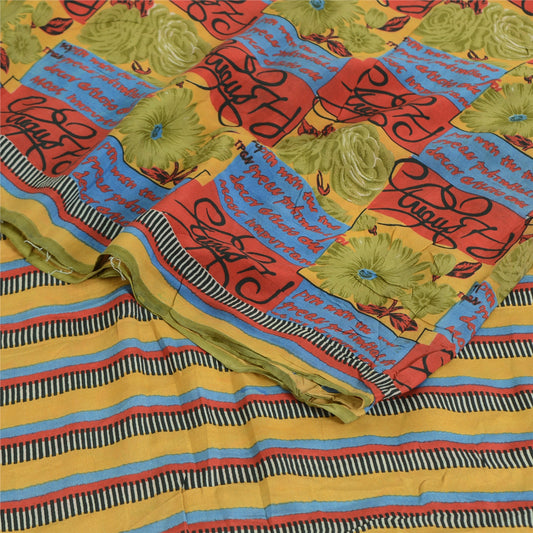 Sanskriti Vintage Sarees Multicolor Pure Crepe Silk Print Sari 5yd Craft Sustainable Fabric