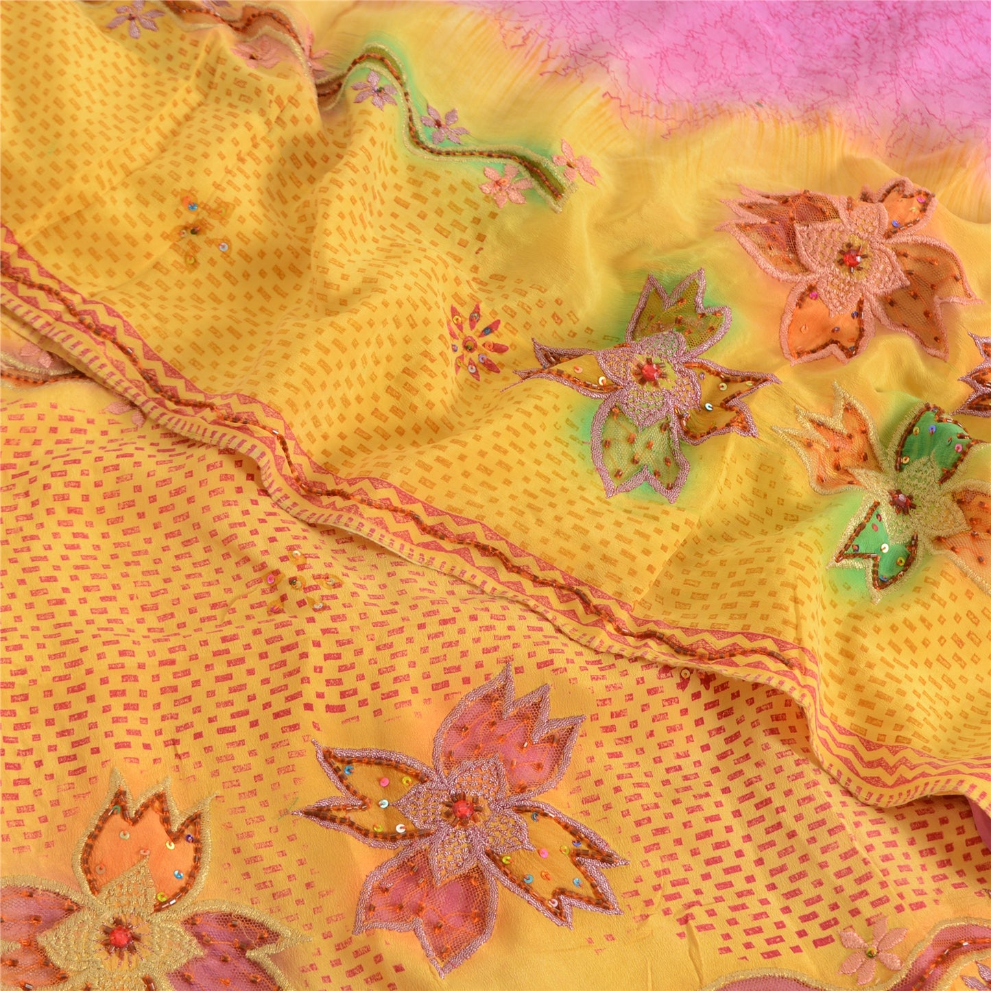 Sanskriti Vintage Sarees Yellow/Pink Pure Crepe Hand Beads Print Sari 5yd Sustainable Fabric