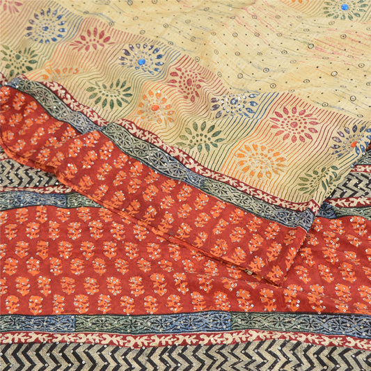 Sanskriti Vintage Sarees Cream Hand Beads Pure Crepe Print Sari 5yd Craft Sustainable Fabric