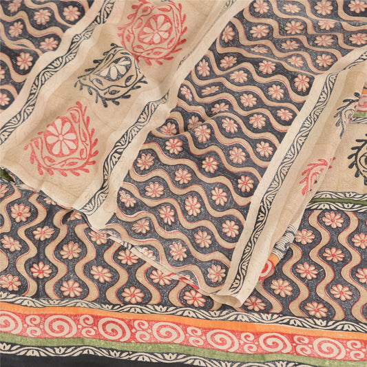 Sanskriti Vintage Sarees Gray Embroidered Pure Crepe Print Sari 5yd Craft Sustainable Fabric