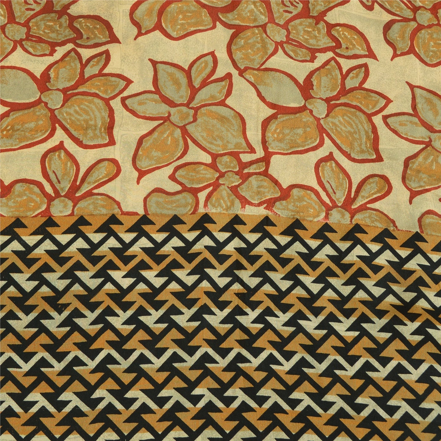 Sanskriti Vintage Sarees Beige Pure Crepe Silk Printed Sari 5yd Craft Sustainable Fabric