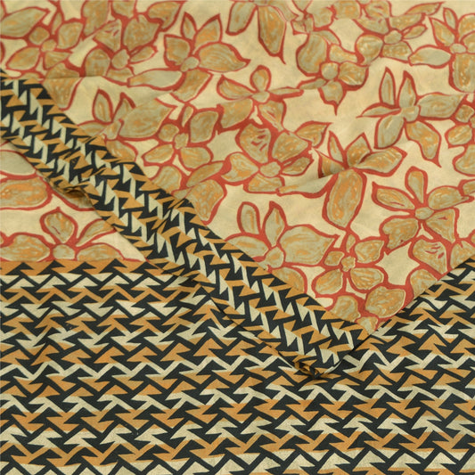 Sanskriti Vintage Sarees Beige Pure Crepe Silk Printed Sari 5yd Craft Sustainable Fabric