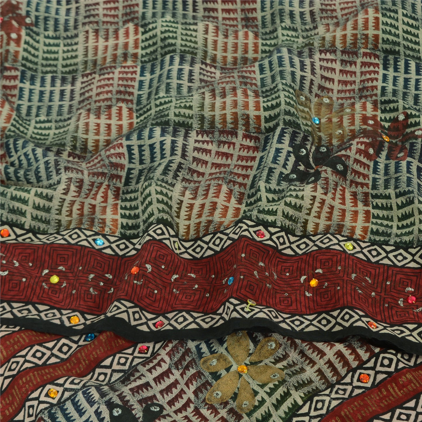 Sanskriti Vintage Sarees Ivory Hand Beaded Pure Crepe Printed Sari 5yd Sustainable Fabric