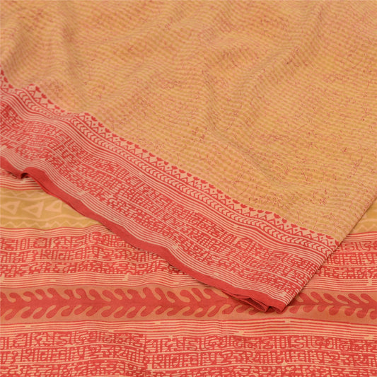 Sanskriti Vintage Sarees Beige/Red Pure Crepe Silk Printed Sari 5yd Craft Sustainable Fabric