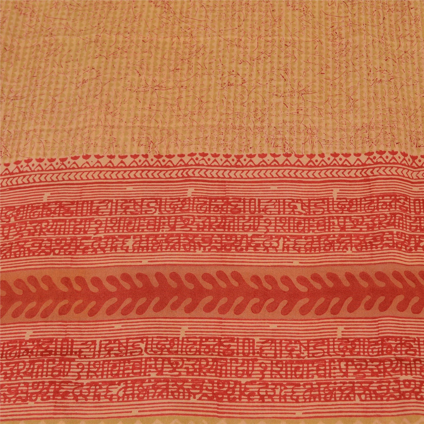 Sanskriti Vintage Sarees Beige/Red Pure Crepe Silk Printed Sari 5yd Craft Sustainable Fabric