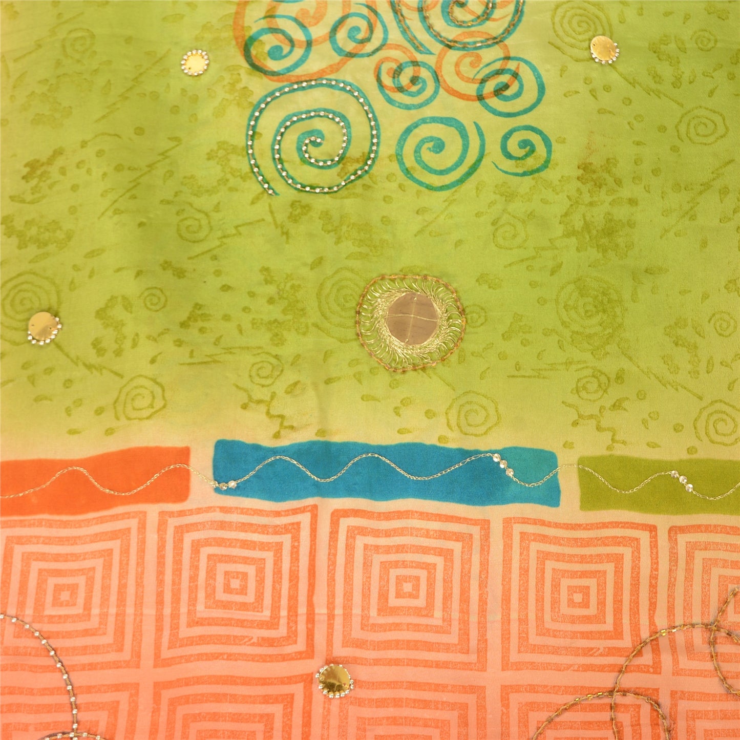 Sanskriti Vintage Sarees Green/Peach Hand Beads Pure Crepe Print Sari 5yd Sustainable Fabric