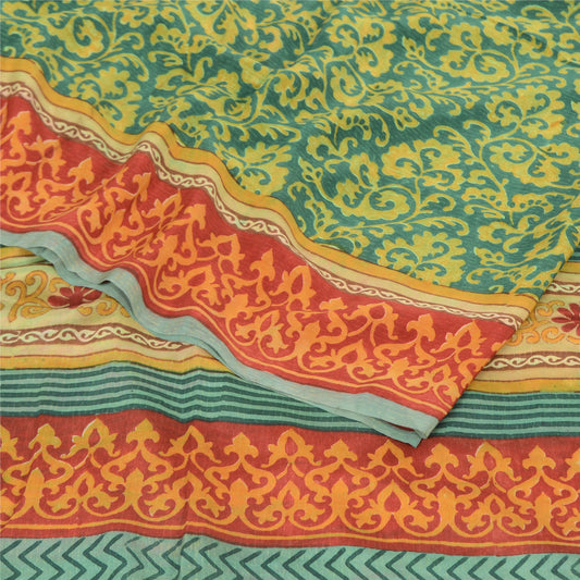 Sanskriti Vintage Sarees Green Pure Crepe Silk Printed Sari 5yd Craft Sustainable Fabric