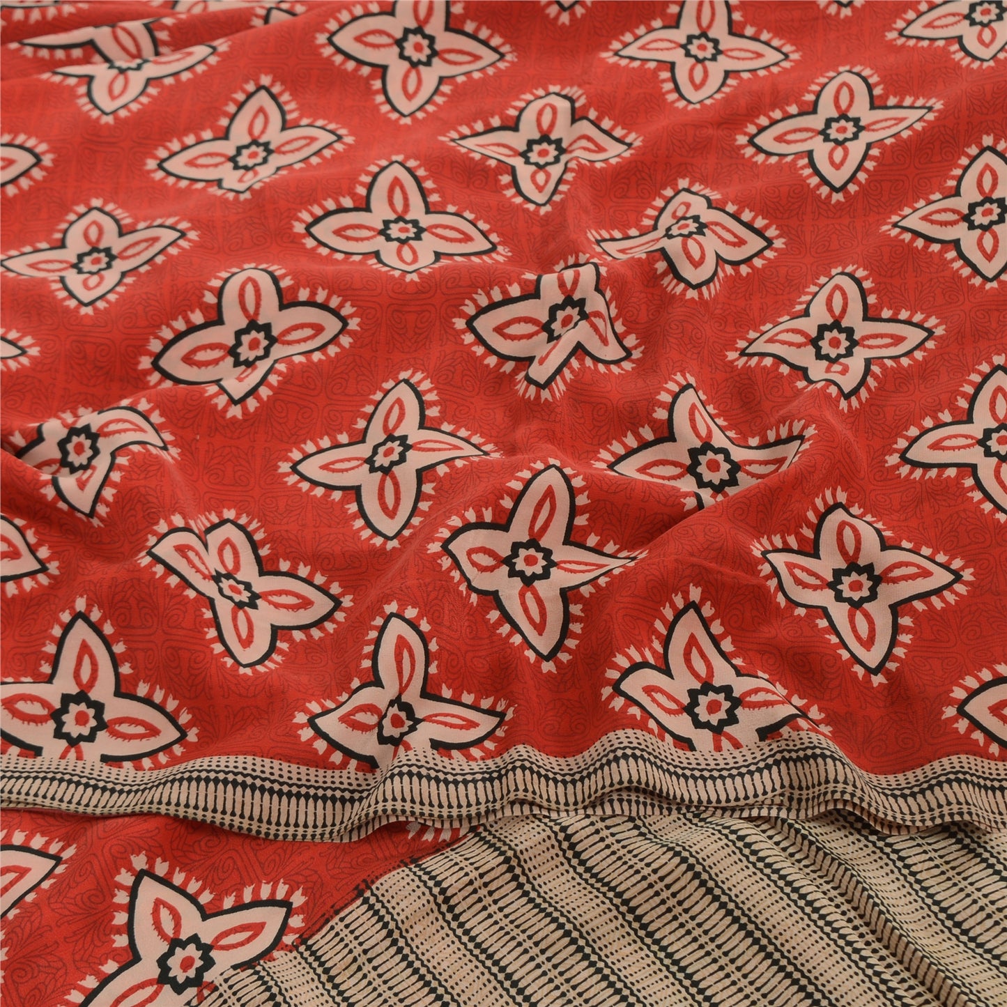 Sanskriti Vintage Sarees Red Blend Crepe Printed Sari 5yd Floral Craft Sustainable Fabric