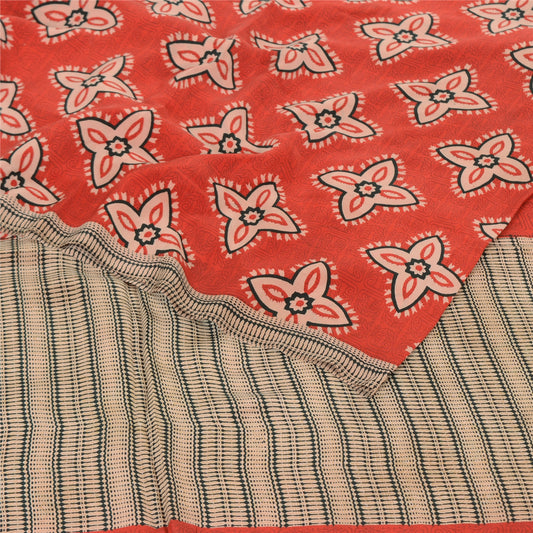 Sanskriti Vintage Sarees Red Blend Crepe Printed Sari 5yd Floral Craft Sustainable Fabric