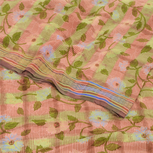 Sanskriti Vintage Sarees Red/Green Pure Crepe Silk Printed Sari 5yd Craft Sustainable Fabric