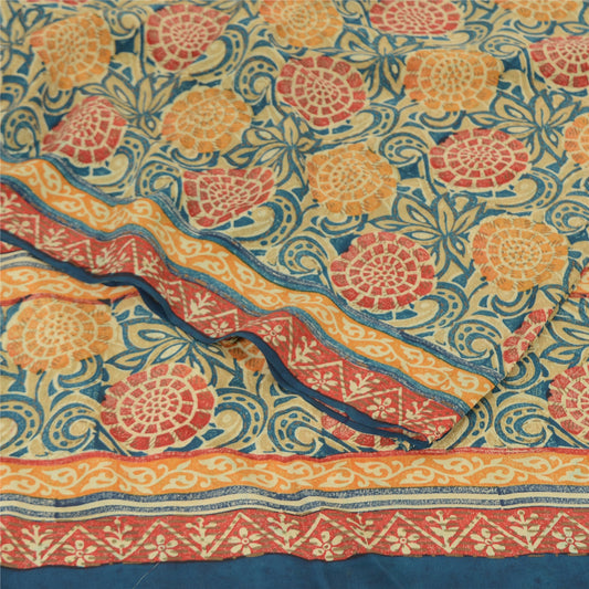 Sanskriti Vintage Sarees Multicolor Pure Crepe Silk Print Sari 6yd Craft Sustainable Fabric