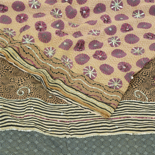 Sanskriti Vintage Sarees Cream Hand Beaded Pure Crepe Printed Sari 5yd Sustainable Fabric