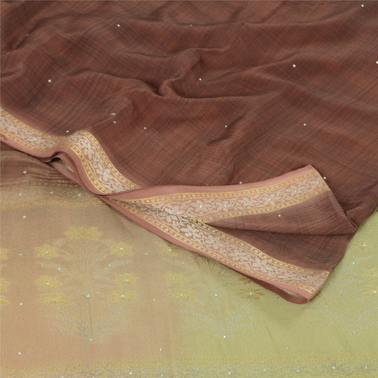 Sanskriti Vintage Sarees Brown Sequins Woven printed Pure Crepe Sari 5yd Sustainable Fabric