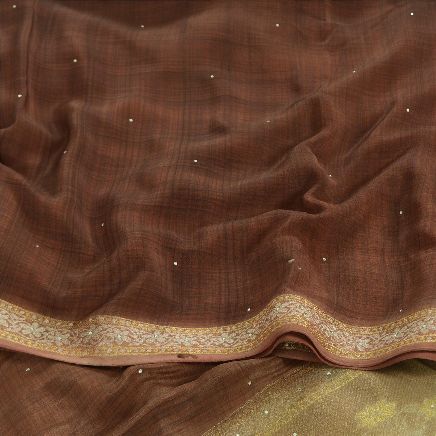 Sanskriti Vintage Sarees Brown Sequins Woven printed Pure Crepe Sari 5yd Sustainable Fabric