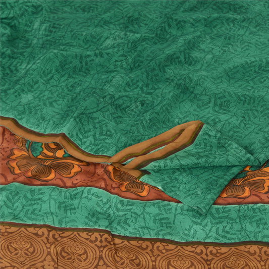 Sanskriti Vintage Sarees Green Pure Crepe Silk Printed Sari 5yd Craft Sustainable Fabric