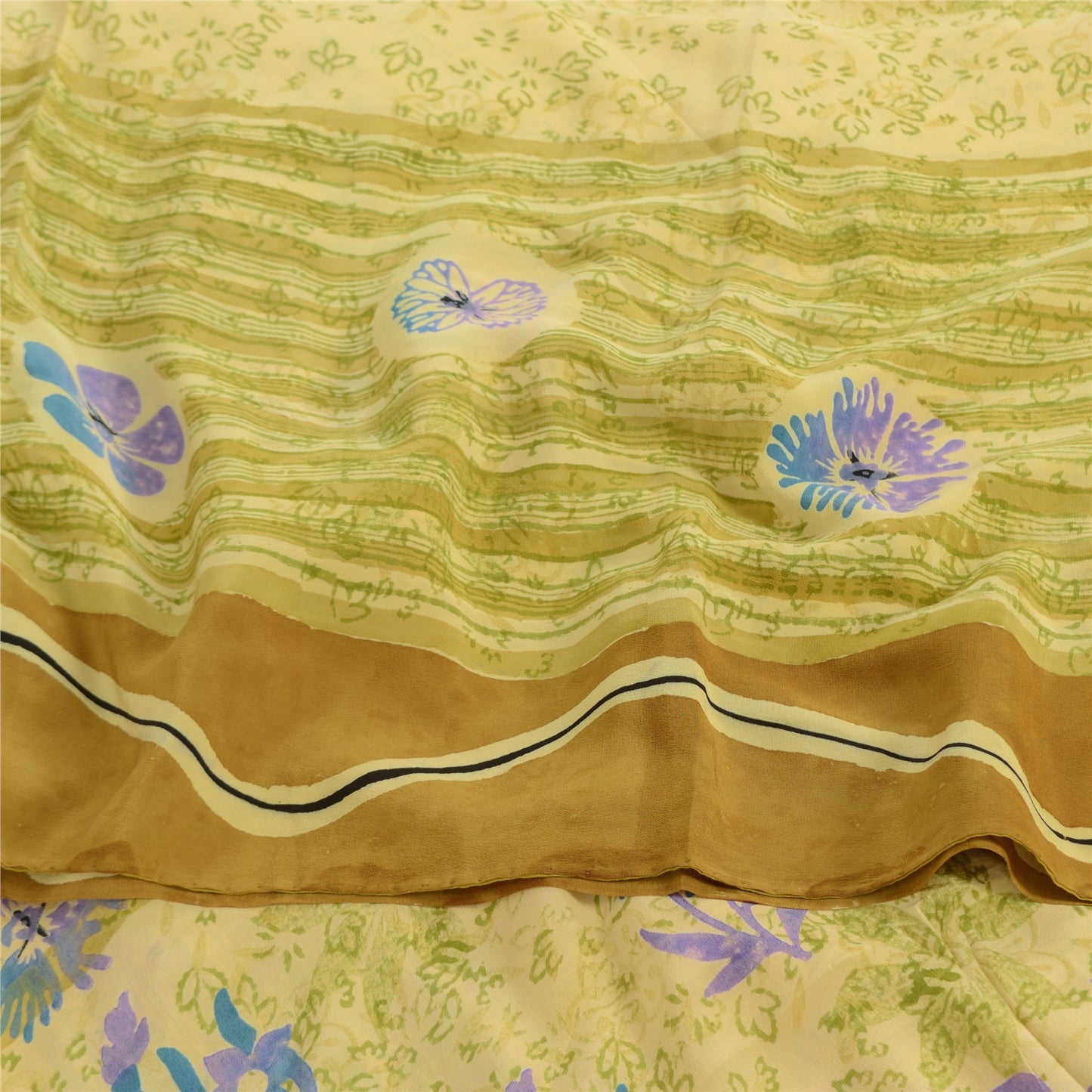 Sanskriti Vintage Sarees Lemon Pure Crepe Silk Printed Sari 5yd Craft Sustainable Fabric