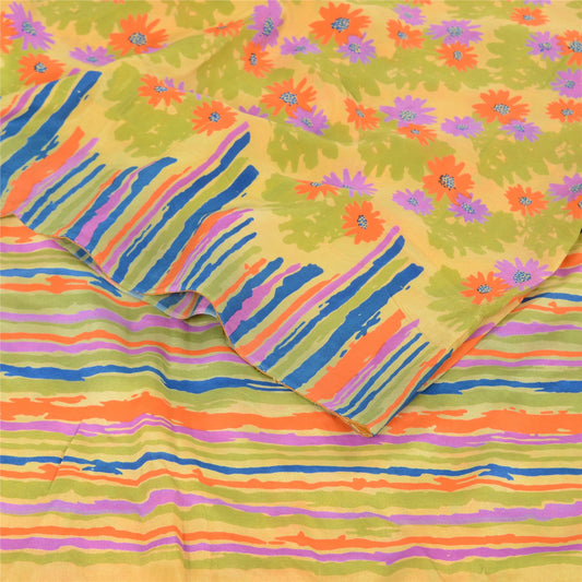 Sanskriti Vintage Sarees Yellow Pure Crepe Silk Printed Sari 5+yd Craft Fabric