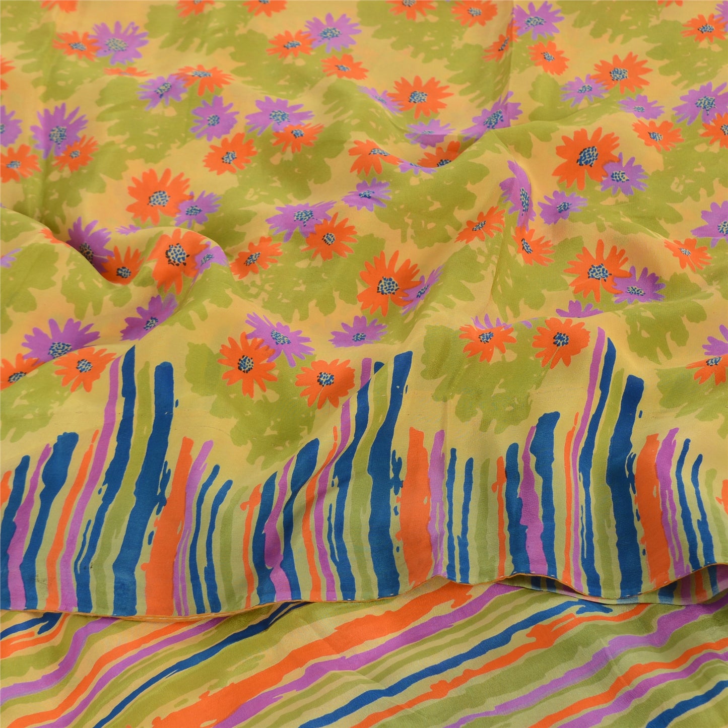 Sanskriti Vintage Sarees Yellow Pure Crepe Silk Printed Sari 5+yd Craft Fabric