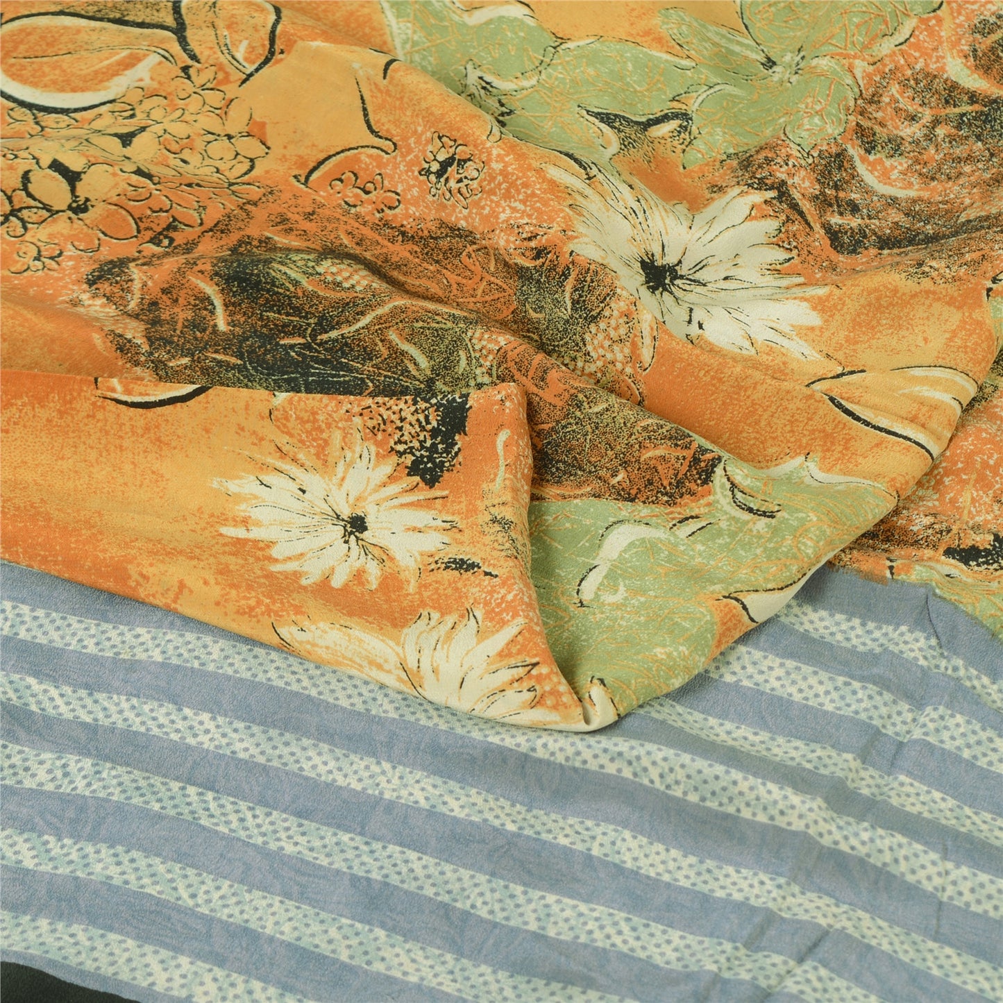 Sanskriti Vintage Sarees Orange Pure Crepe Silk Printed Sari 5yd Craft Sustainable Fabric