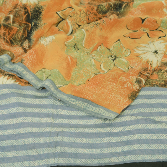 Sanskriti Vintage Sarees Orange Pure Crepe Silk Printed Sari 5yd Craft Sustainable Fabric