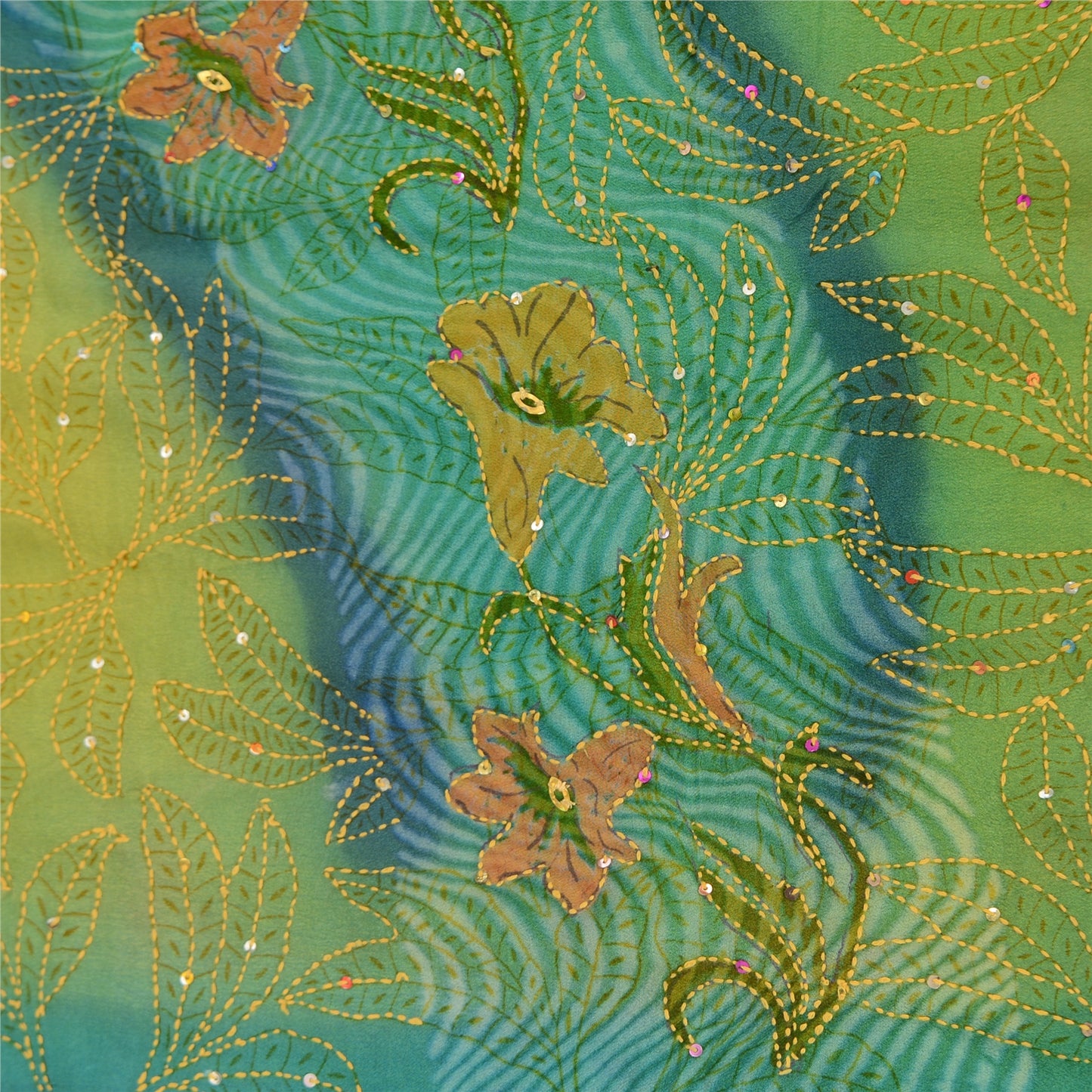 Sanskriti Vintage Sarees Green Hand Beaded Kantha Pure Crepe Printed Sari Sustainable Fabric