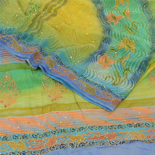 Sanskriti Vintage Sarees Green Hand Beaded Kantha Pure Crepe Printed Sari Sustainable Fabric