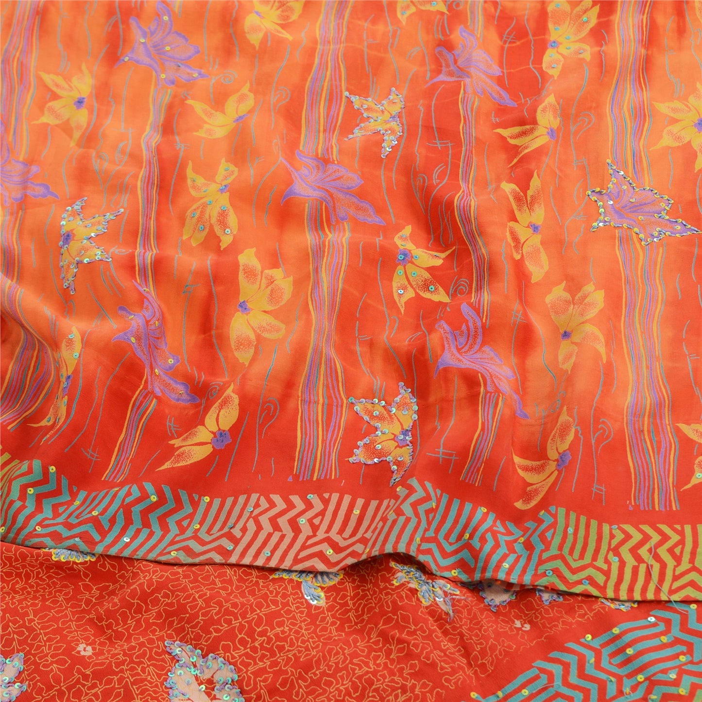 Sanskriti Vintage Sarees Orange Embroidered Pure Crepe Printed Sari 5yd Sustainable Fabric