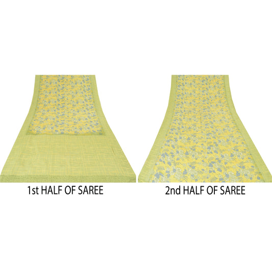 Sanskriti Vintage 100% Pure Crepe Silk Lemon Green Printed Saree 5Yd Craft Fabric